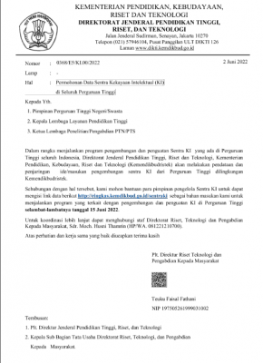 Permohonan Data Sentra Kekayaan Intelektual (KI) di seluruh Perguruan Tinggi